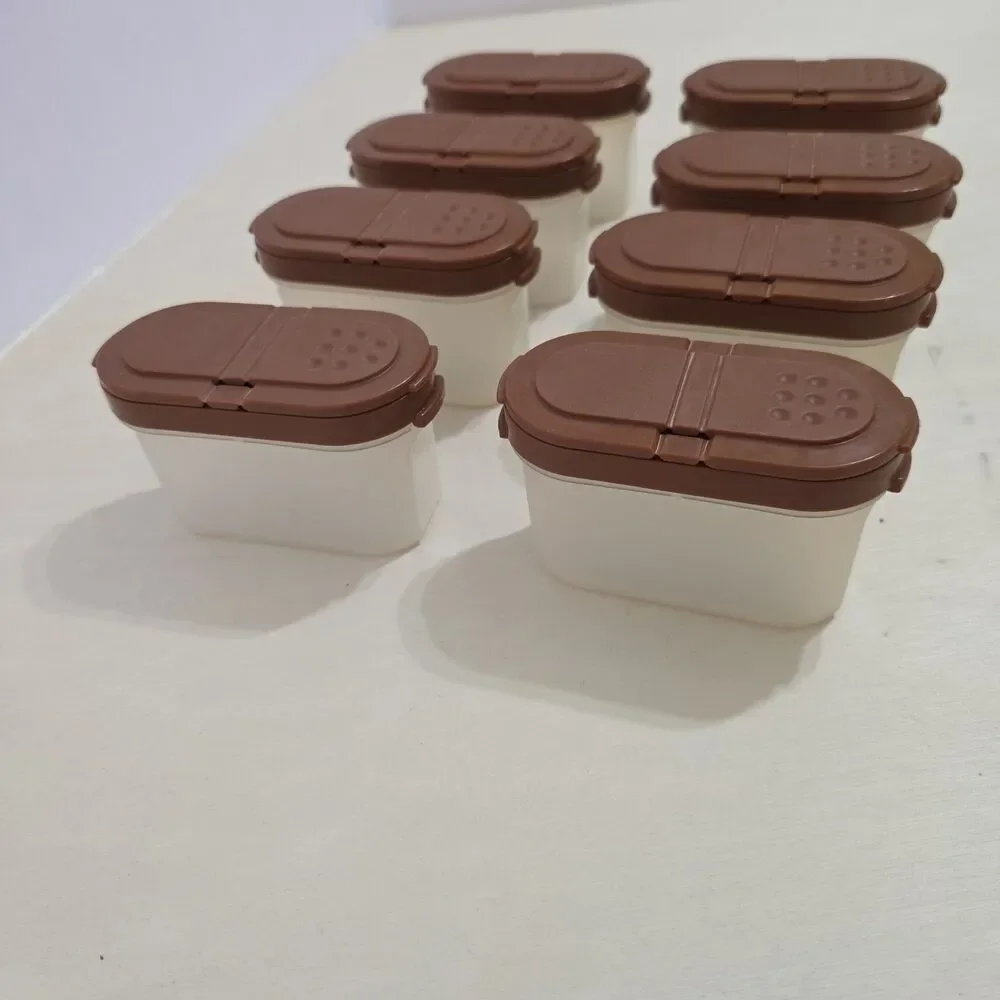 Vintage Tupperware #1843 Spice Container Shakers Brown Magnetic Lids Set of 8